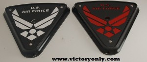 air force cheese wedge replacement victory motorcycle engine cover Air Force design black base, black art, white backer and wedge backer shown 
