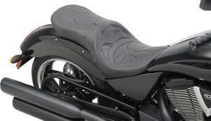 COLOR Black FRONT DIMENSION 15" W MADE IN THE U.S.A. Yes MATERIAL Solar-Reflective Leather,Vinyl POSITION Front,Rear REAR DIMENSION 12" W SIZE Standard SKIRT/EDGE Plain SPECIFIC APPLICATION Yes STITCH Crusade STYLE Low Profile,Touring TYPE Seat