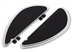 Our Smoothie fusion series floorboards feature sculpted billet aluminum with high traction rubber for clean styling and high foot traction. These boards have 3 different mounting locations allowing you to adjust the board to your preferred riding position. Features: Machined from billet aluminum Knurled rubber for optimum foot grip 3 different mounting locations, giving 3" of adjustability. This allows you to adjust the floorboard forward or back to obtain your preferred riding position. Matching passenger boards are available. Chrome finish. Measurements: Driver Floorboards : 13.8"L x 5.0"W.