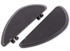 Our Smoothie fusion series floorboards feature sculpted billet aluminum with high traction rubber for clean styling and high foot traction. These boards have 3 different mounting locations allowing you to adjust the board to your preferred riding position. Features: Machined from billet aluminum Knurled rubber for optimum foot grip 3 different mounting locations, giving 3" of adjustability. This allows you to adjust the floorboard forward or back to obtain your preferred riding position. Matching passenger boards are available. Black anodize finish. Measurements: Driver Floorboards : 13.8"L x 5.0"W.
