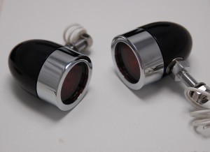 Bullet Lights, LED, Small Flat Bezel, Black and Chrome Body, Amber Lens