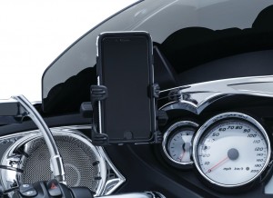 The Tech-Connect Fairing Mount for Victory allows positioning of iPhones, iPods, GPS, smartphones and other small electronic device strategically on Victory inner dashes for easy access and visibility while on the road. The adjustable swivel head offers perfect positioning for any rider and disconnects in seconds when you reach your destination.The included Standard Device Holder will accommodate devices measuring 1-5/8" to 3-5/8" Wide. Designed to mount behind the windshield mounting screw on Cross Country and Magnum models.