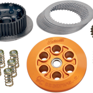 CLUTCH KIT SCORPION VICTORY Feature a 100% or more increase in clutch surface area (compared to stock) and include a CNC-machined billet aluminum pressure plate, friction plates, steel plates, a steel inner hub and additional sets of coil springs to allow for clutch tuning