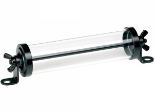 CNC lathe-turned alloy end caps; black electroplated steel hardware; rugged polycarbonate clear tube.